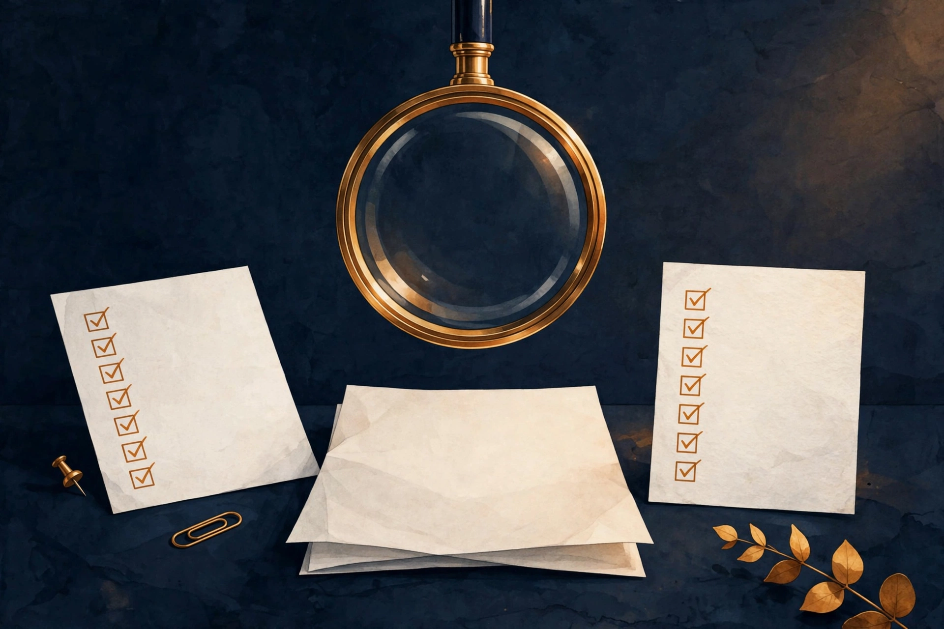 A magnifying glass over a resignation letter checklist, reviewing the five essential parts