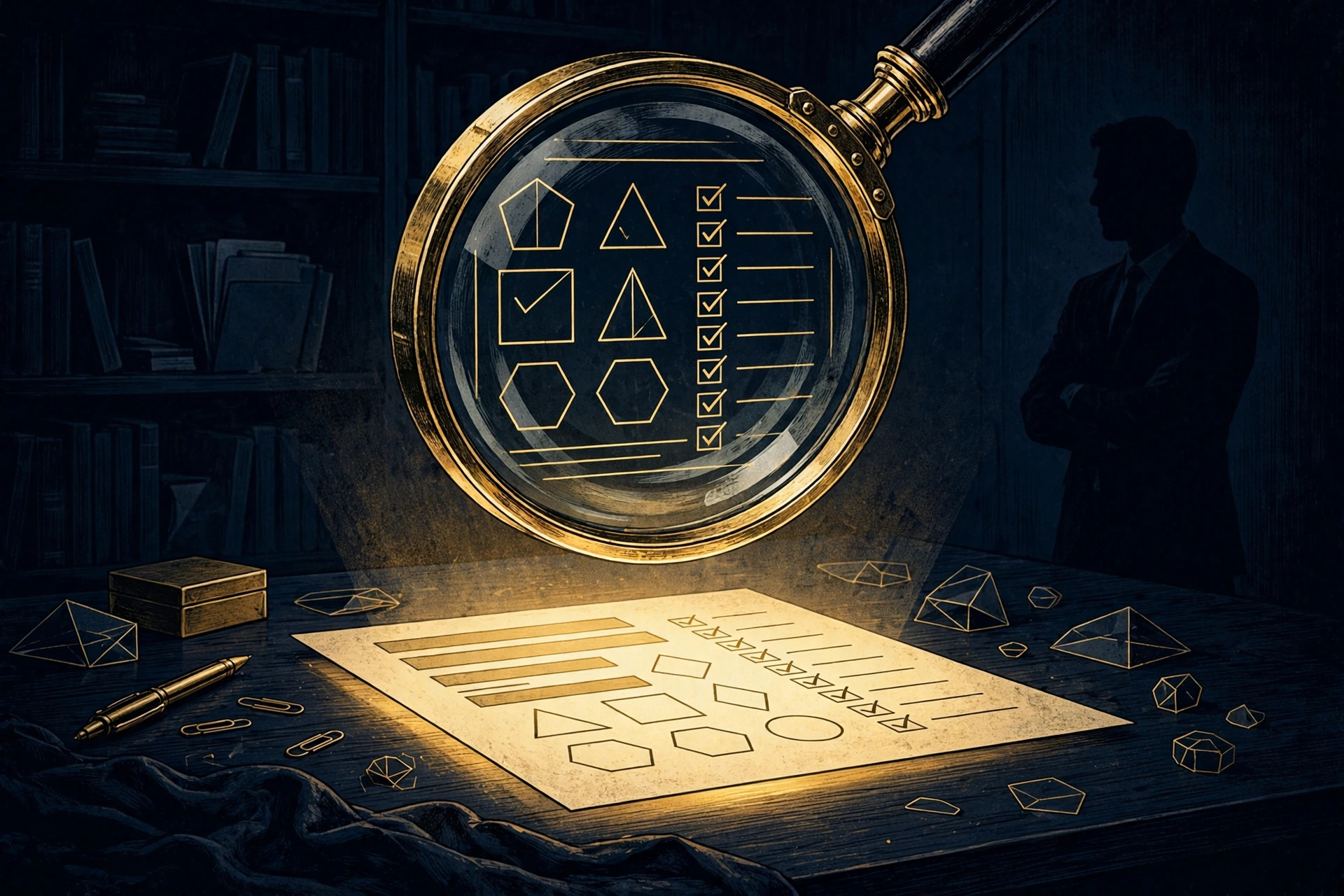 Illustration of a magnifying glass revealing resume details while a recruiter silhouette watches