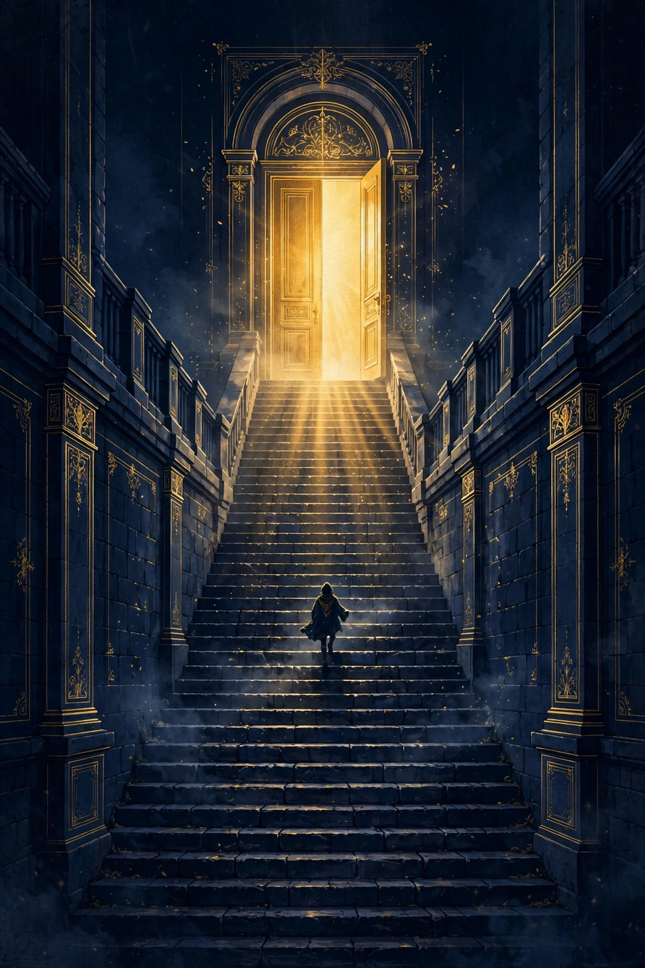 A staircase rising toward an open glowing door