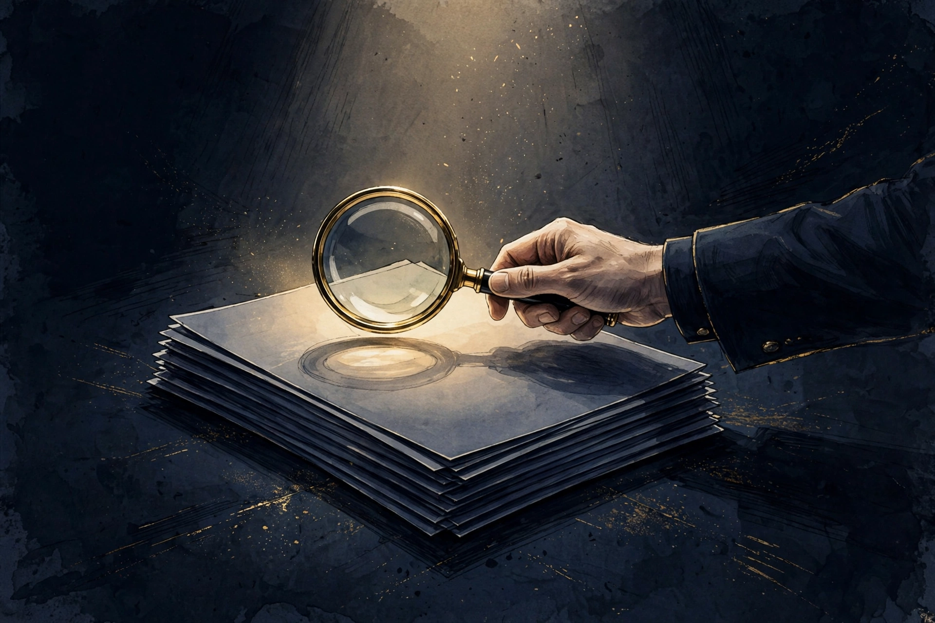 Recruiter reviewing resumes with a magnifying glass on a dark desk, deciding whether GPA survives the first screen