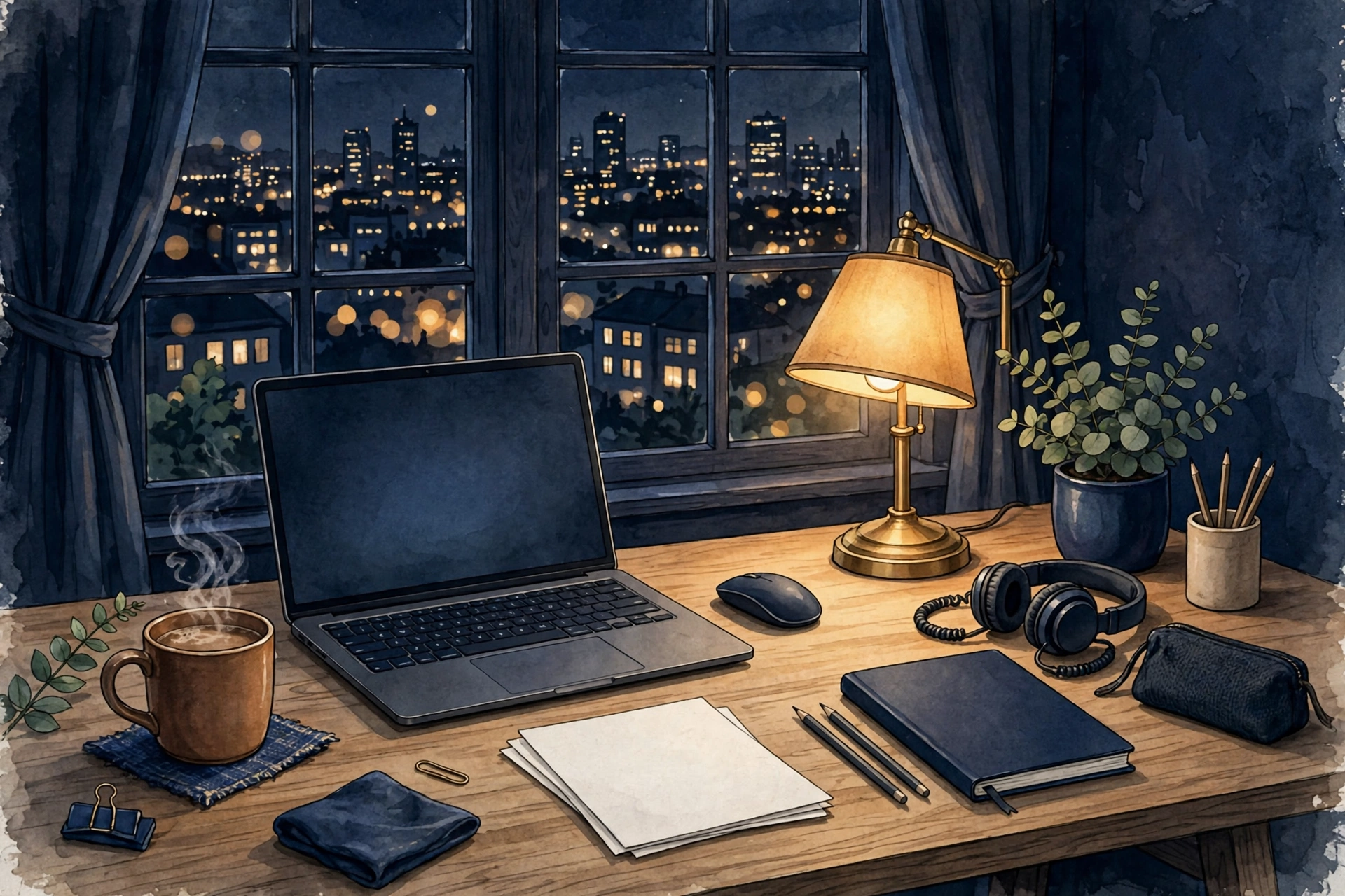 Illustration of a home office desk at night, representing remote and hybrid work