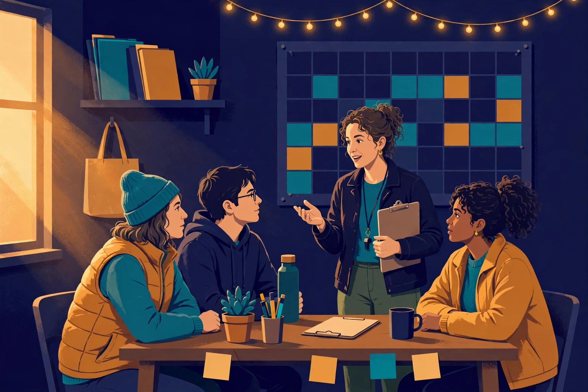 A volunteer coordinator planning with a small team around a table