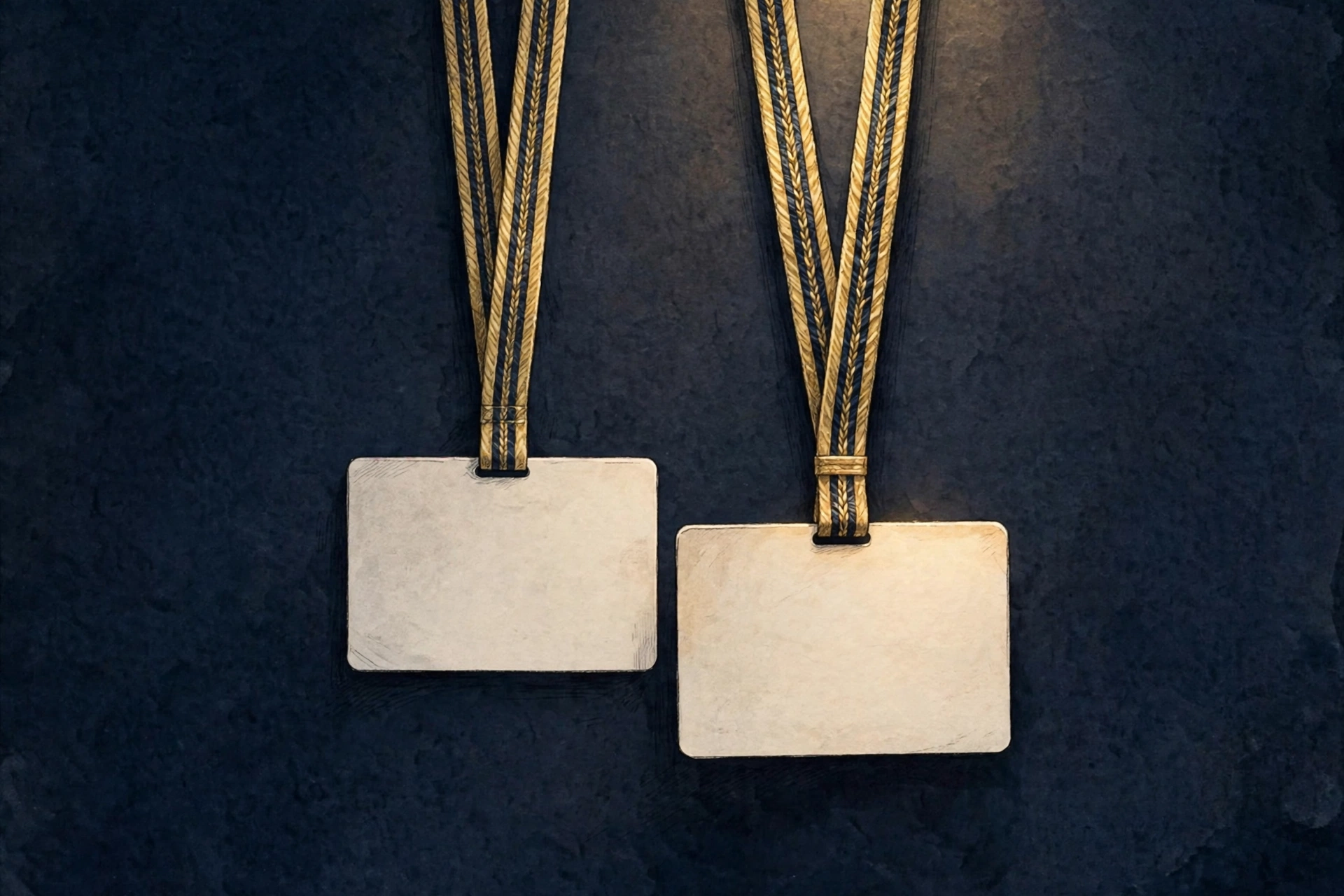 Two blank name badges hanging side by side