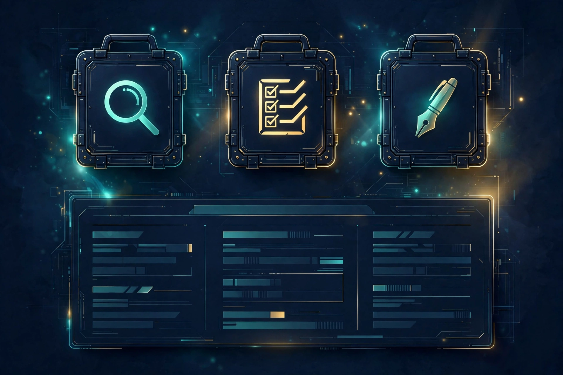 Illustration of three glowing tool cards — magnifier, checklist, and pen — above a resume