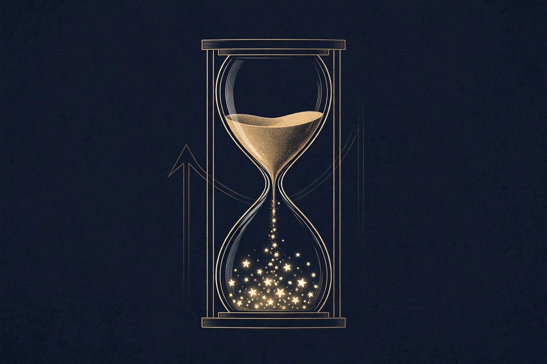 Hourglass with sand turning into stars and a rising arrow