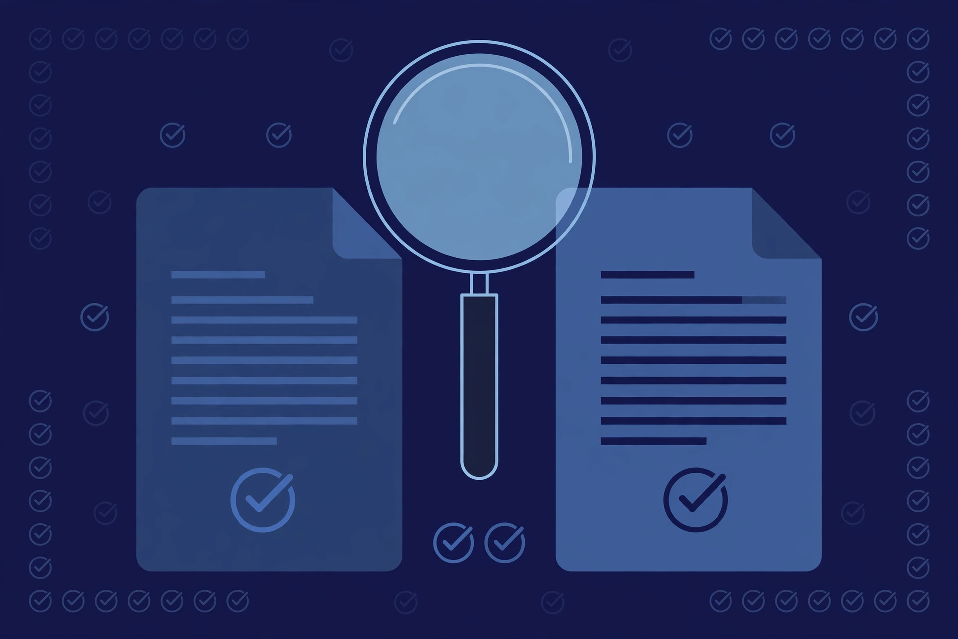 Recruiter comparing two documents side by side under a magnifying glass