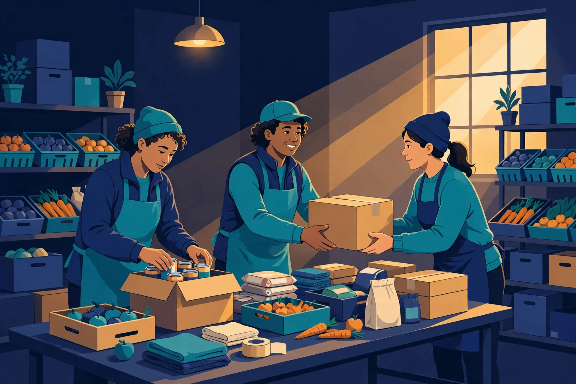Volunteers packing donation boxes at a community food bank
