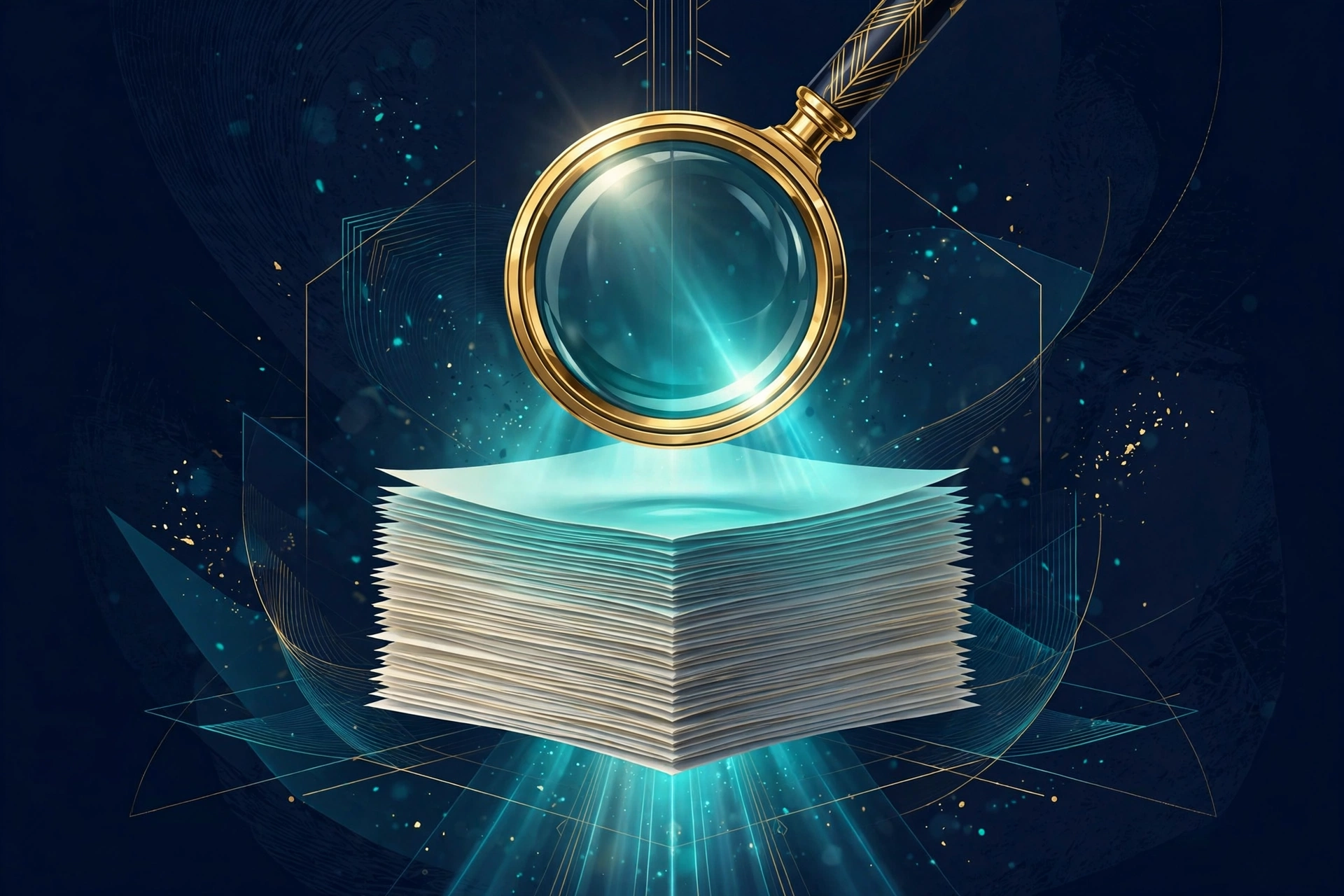 Magnifying glass over a tall stack of resume pages, illustrating selective trimming of work history