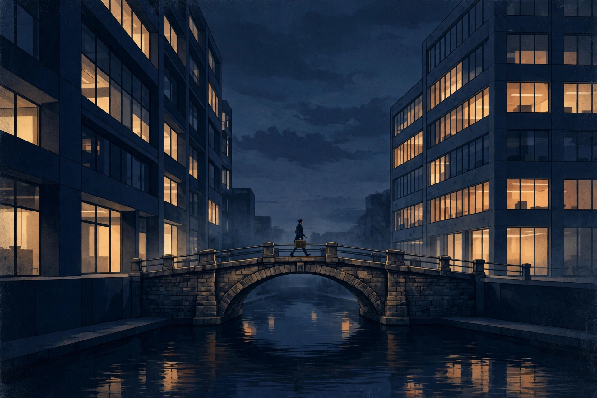 A professional walking across a bridge between office buildings at dusk, symbolizing leaving a job on good terms