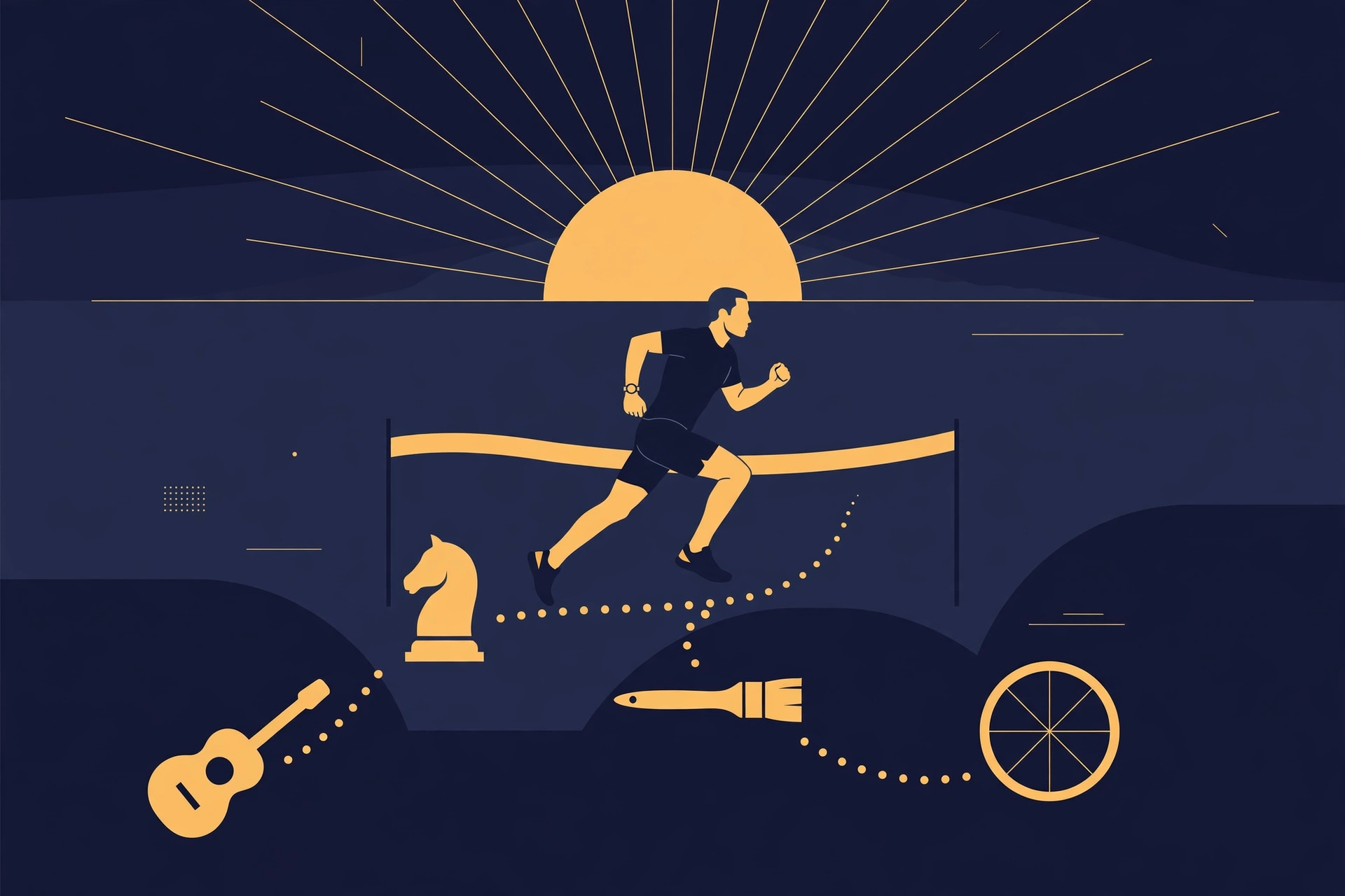 Marathon runner crossing a finish line at sunrise