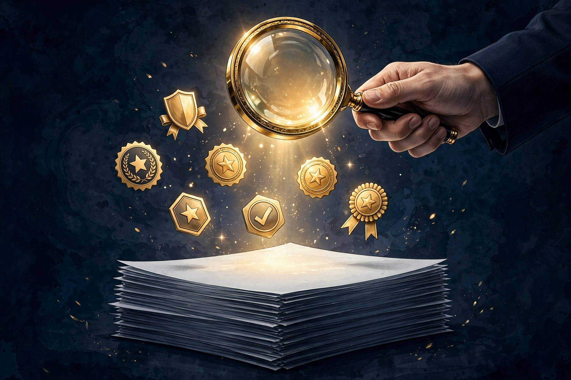 A recruiter's magnifying glass highlighting certification badges on a stack of resumes