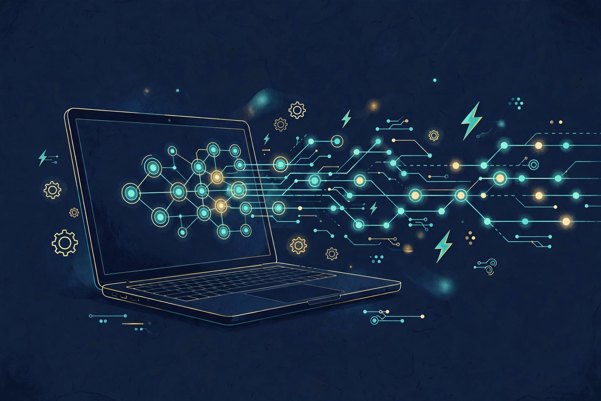 Laptop with AI workflow automation nodes streaming from its screen