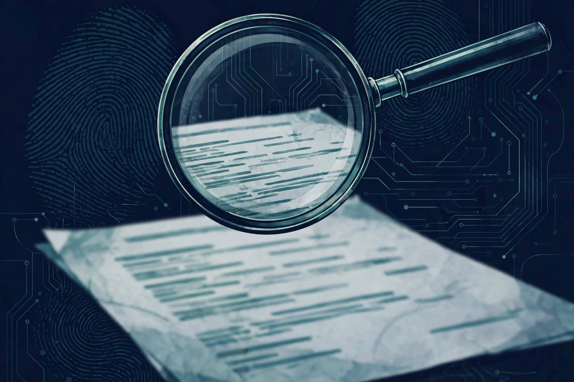 Magnifier over a resume document with verification patterns