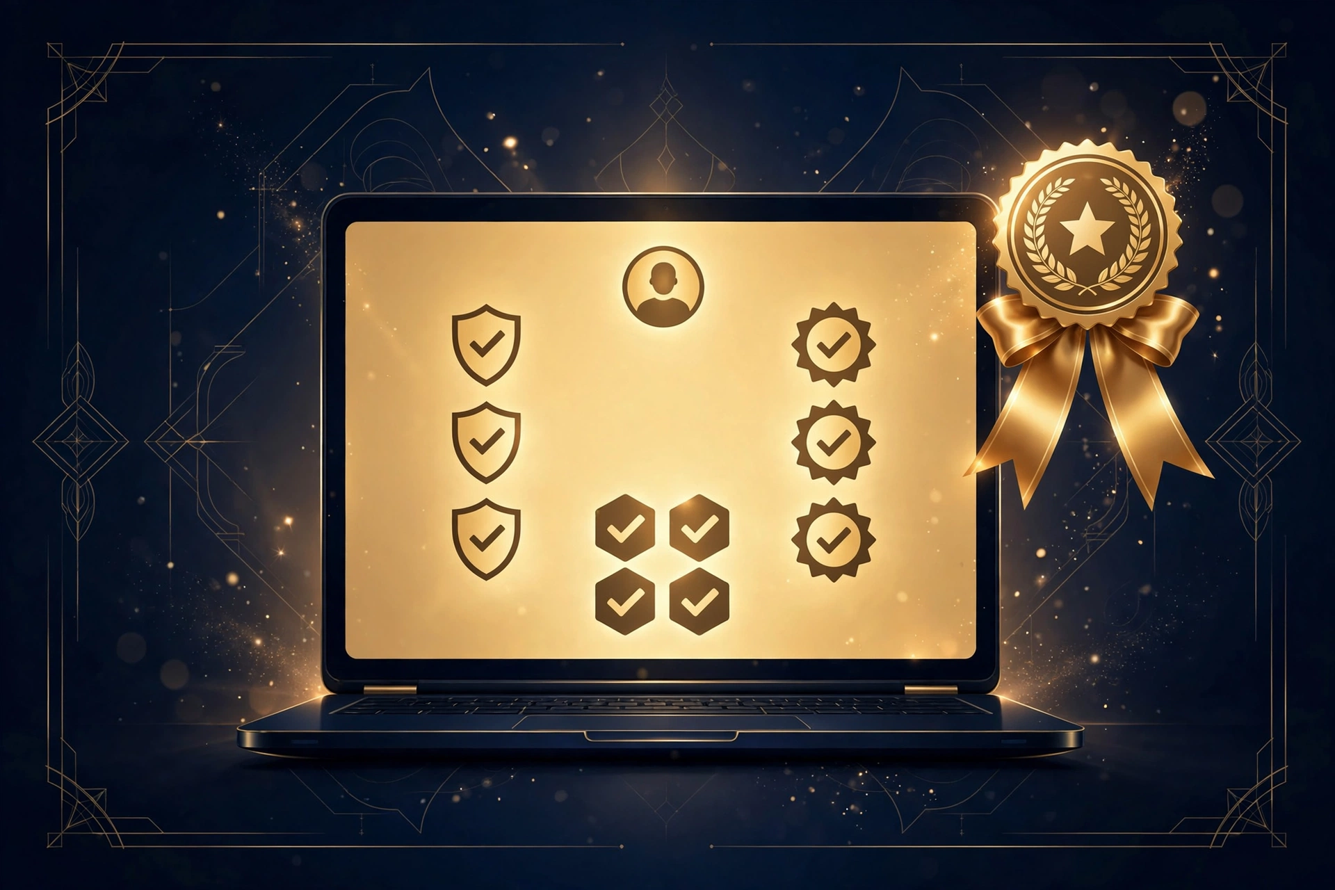 A professional profile on a laptop showing certification badges