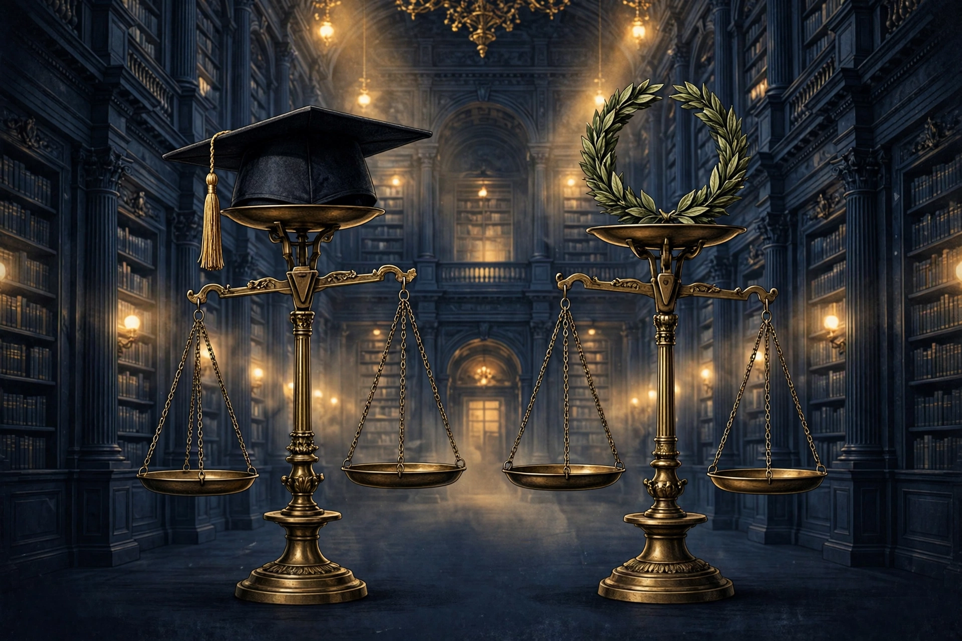 Balanced scales comparing a graduation cap and a laurel wreath, showing what employers weigh against GPA