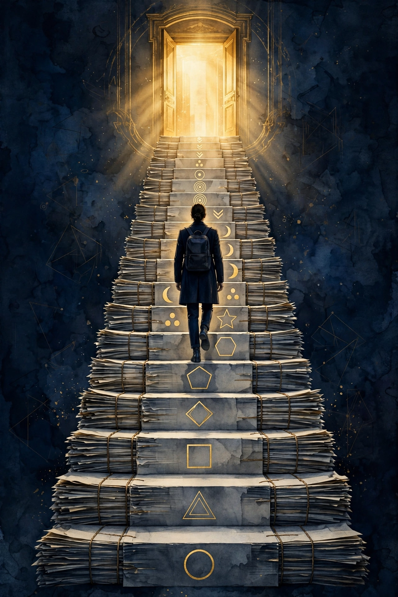 Illustration of a person climbing a staircase of documents toward a glowing doorway, symbolizing a deliberate career move