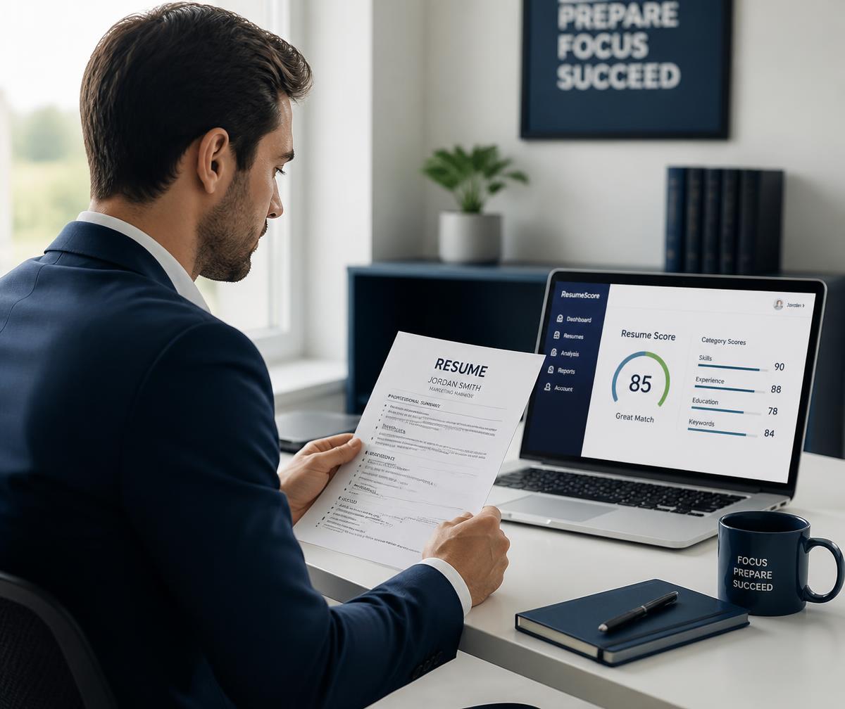 Job seeker reviewing a resume next to an ATS score dashboard